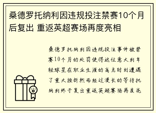 桑德罗托纳利因违规投注禁赛10个月后复出 重返英超赛场再度亮相